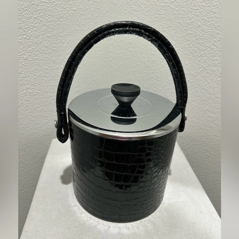 Vintage! Black Faux Leather Ice Bucket